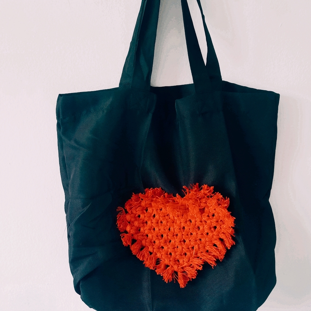 Reusable polyester tote bag, black red heart, handmade macrame